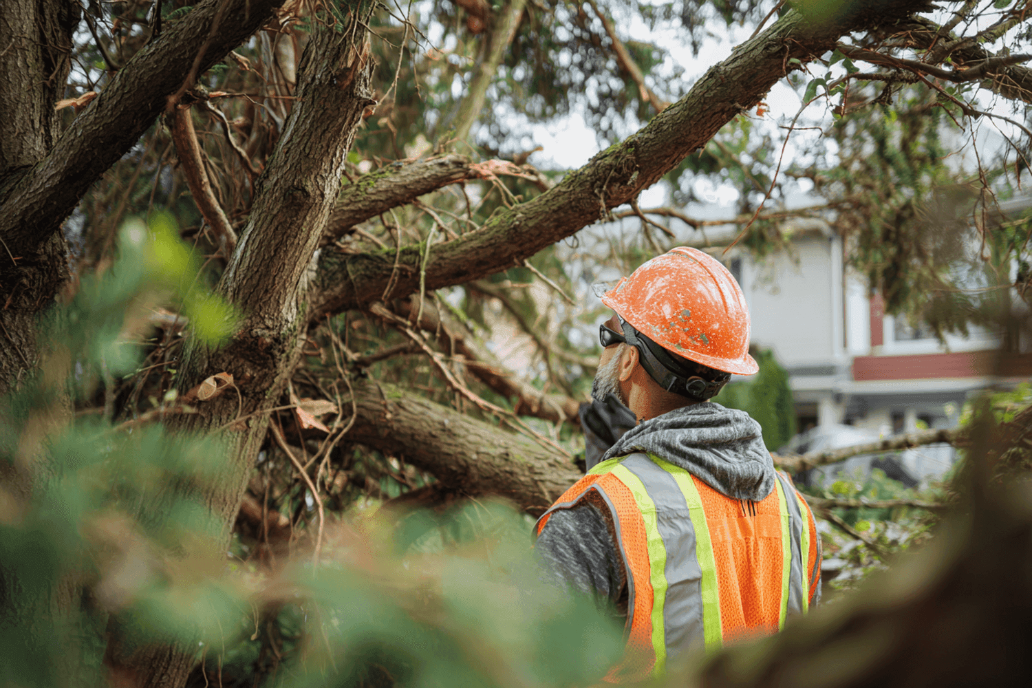 A tree care professional assessing storm damage