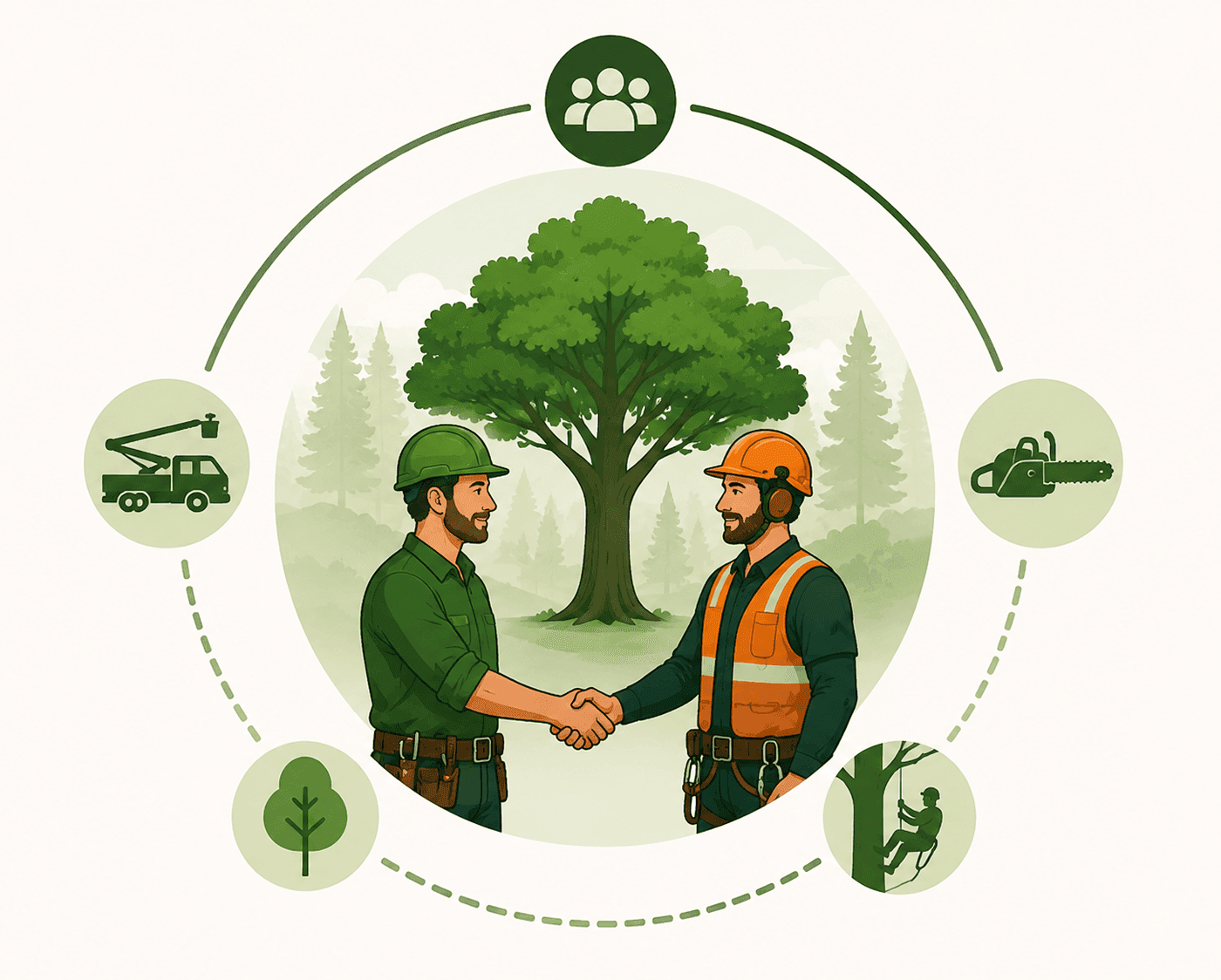 A tree care crew working together on site