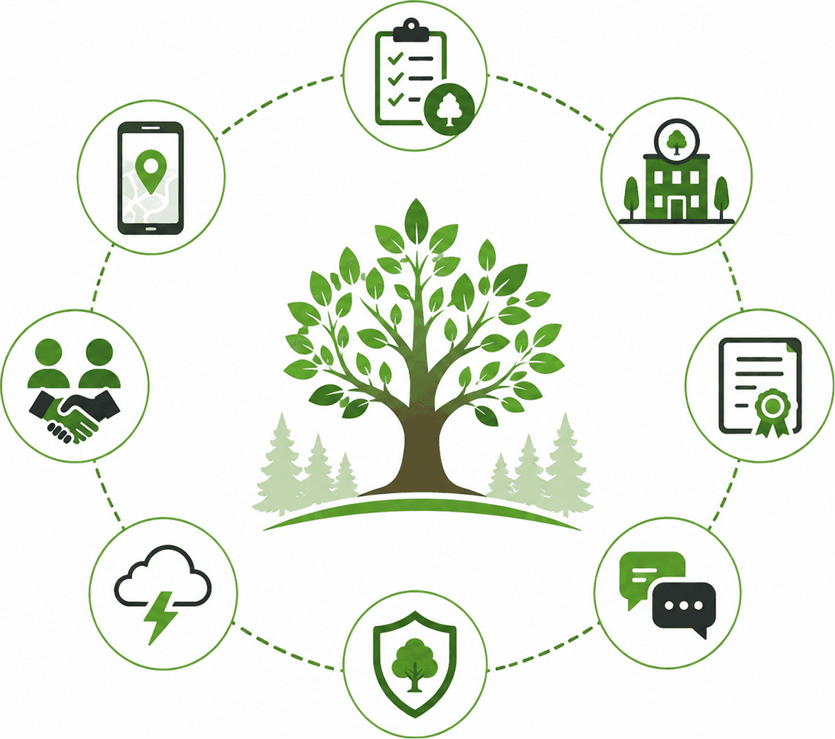 Illustration representing tree care industry tools built into Treelign