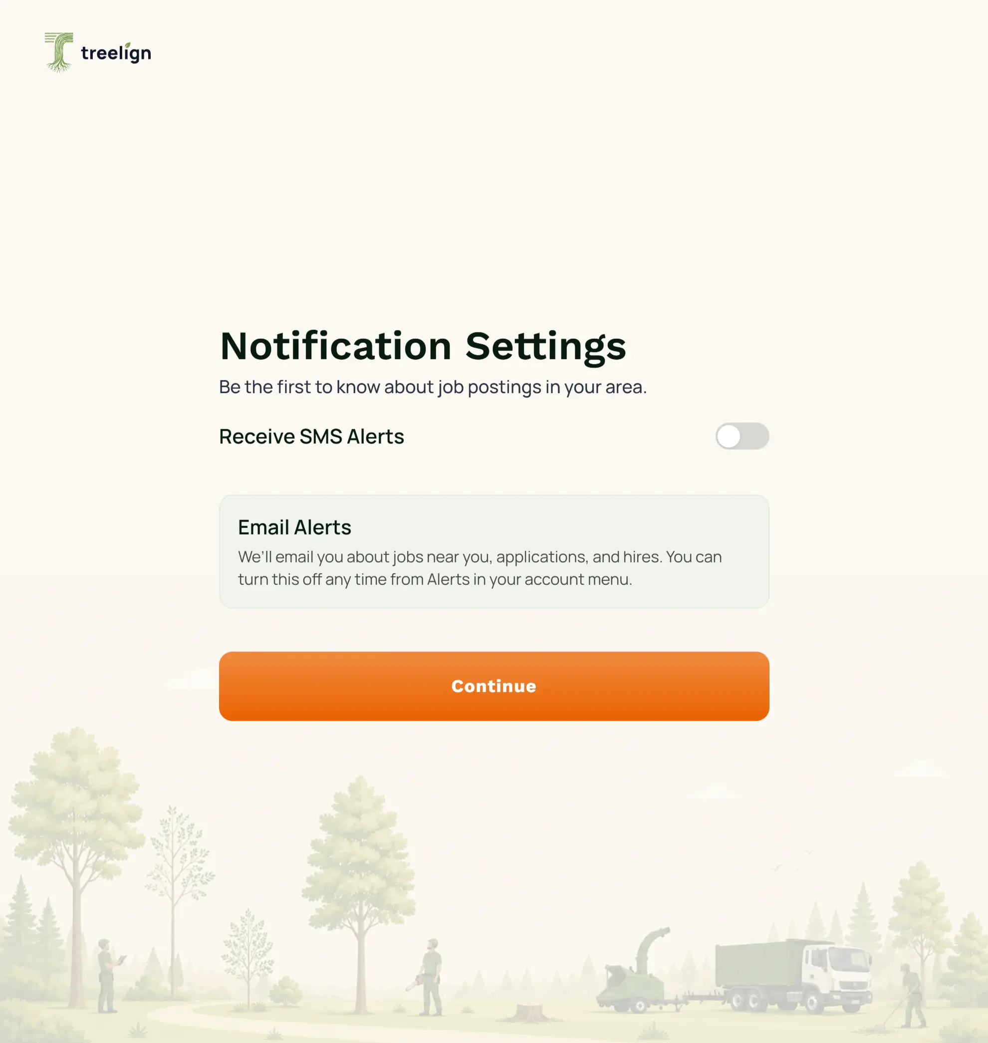 Treelign's Notification Settings screen with the Receive SMS Alerts switch off: no phone number field, no consent checkbox and no SMS consent text are shown.