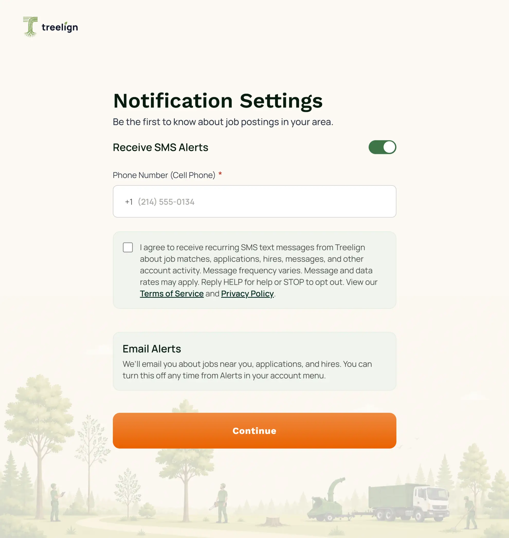 The same screen with the Receive SMS Alerts switch on: a required Phone Number field appears, and beneath it an unticked checkbox beside the consent text, which states that the user agrees to receive recurring SMS text messages about job matches, applications, hires, messages and other account activity, that message frequency varies, that message and data rates may apply, and that replying HELP gets help and STOP opts out, with links to the Terms of Service and Privacy Policy.